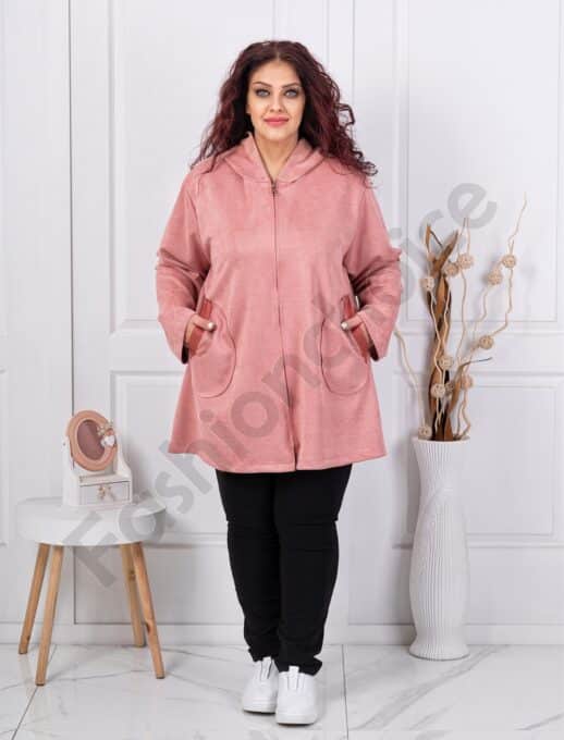 Plus size βελούδινο ζακέτα με κουκούλα-ροζ-κωδ 3833-3