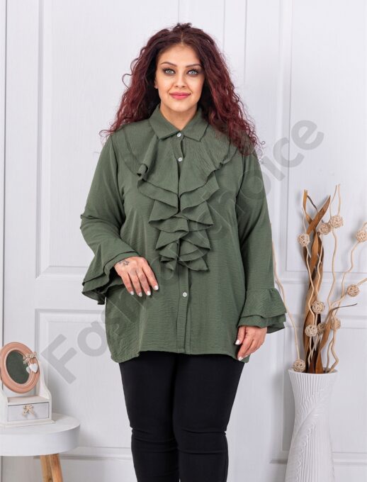 Plus size πουκάμισο με βολάν στη λαιμόκοψη-χακί-κωδ 24348-1