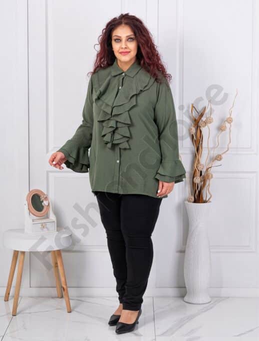 Plus size πουκάμισο με βολάν στη λαιμόκοψη-χακί-κωδ 24348-1
