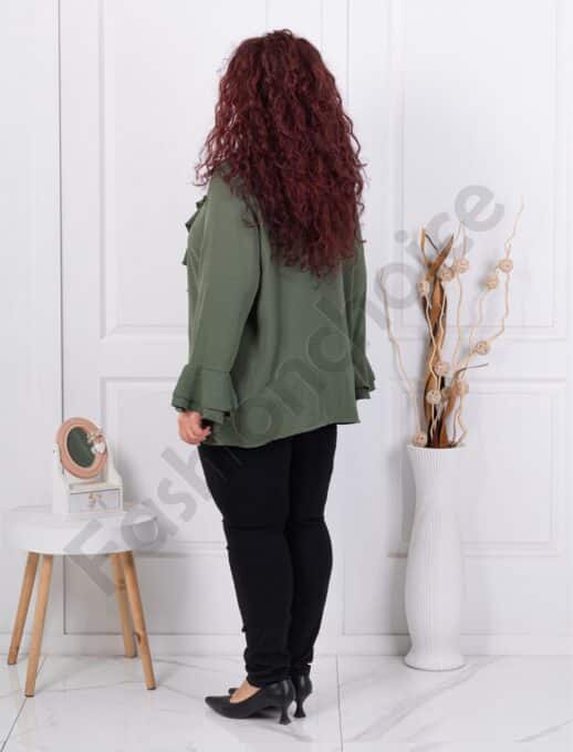 Plus size πουκάμισο με βολάν στη λαιμόκοψη-χακί-κωδ 24348-1