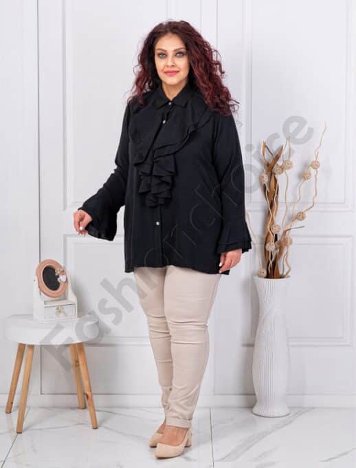 Plus size πουκάμισο με βολάν στη λαιμόκοψη-μαύρο-κωδ 24348