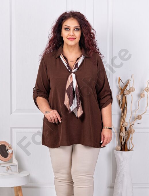 Plus size μπλούζα με μεταξωτό φουλάρι-καφέ-κωδ 24481-2
