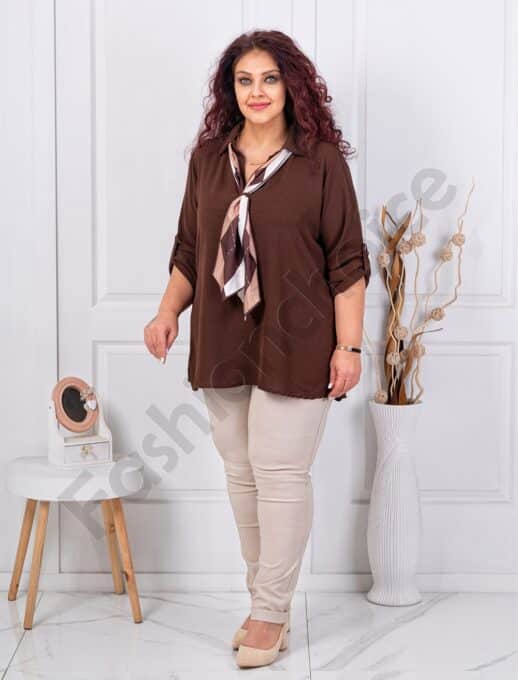 Plus size μπλούζα με μεταξωτό φουλάρι-καφέ-κωδ 24481-2