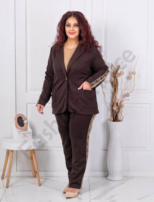 Plus size casual σετ σακάκι-παντελόνι-καφέ-κωδ 1467-3