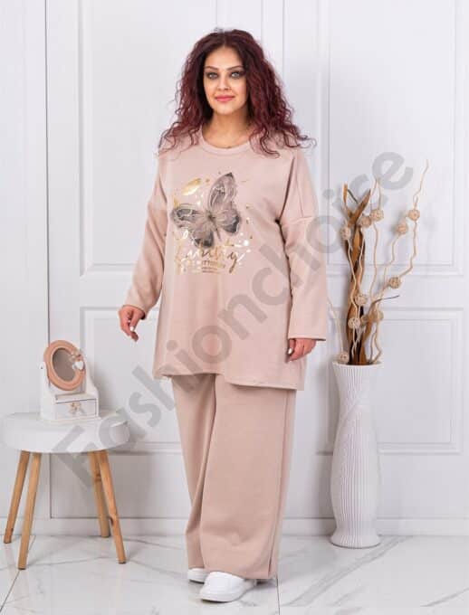 Plus size σετ με στάμπα πεταλούδας-μπεζ-κωδ 10097-4