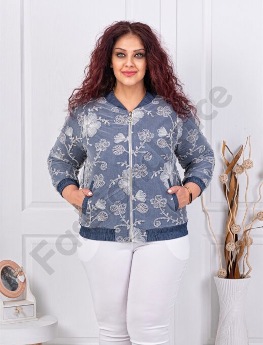Plus size τζιν ζακέτα με τύπωμα φλοράλ-κωδ 4472