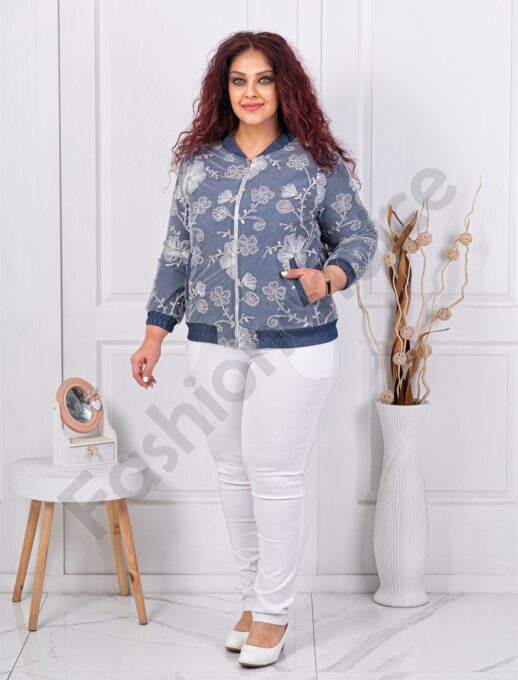 Plus size τζιν ζακέτα με τύπωμα φλοράλ-κωδ 4472