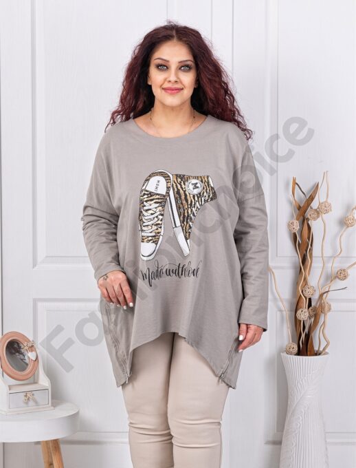 Plus size μπλούζα με τύπωμα και στρας-μόκα-κωδ 10469-2