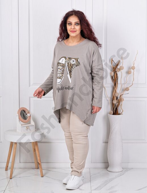 Plus size μπλούζα με τύπωμα και στρας-μόκα-κωδ 10469-2