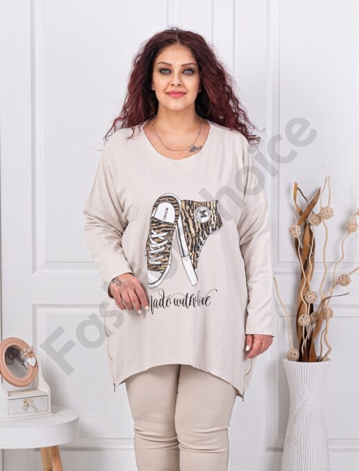 Plus size μπλούζα με τύπωμα και στρας-μπεζ-κωδ 10469-1