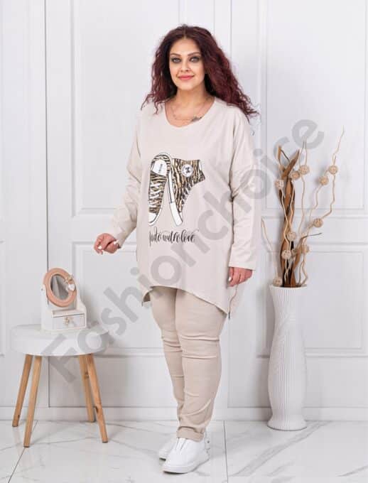 Plus size μπλούζα με τύπωμα και στρας-μπεζ-κωδ 10469-1