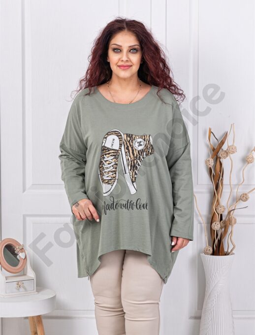 Plus size μπλούζα με τύπωμα και στρας-χακί-κωδ 10469