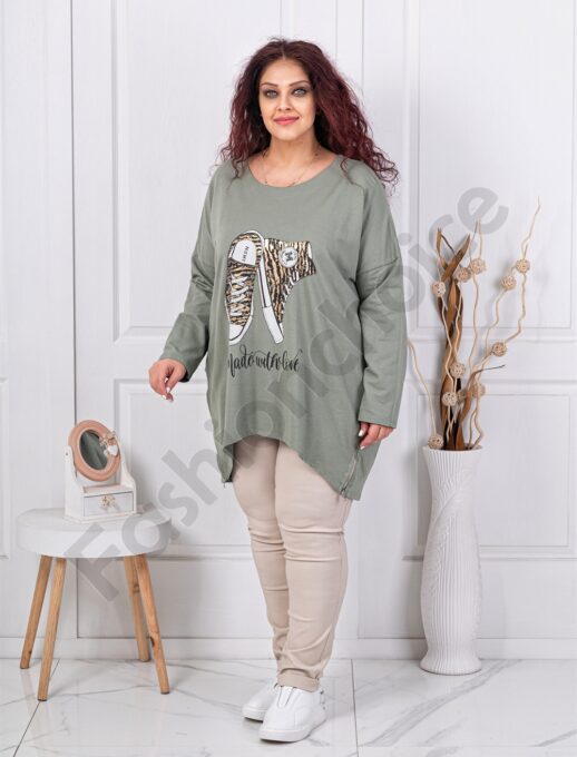Plus size μπλούζα με τύπωμα και στρας-χακί-κωδ 10469
