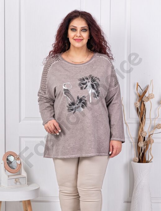 Plus size μπλούζα με απλικέ στρας-μόκα-κωδ 1002-1