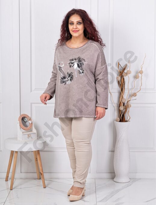 Plus size μπλούζα με απλικέ στρας-μόκα-κωδ 1002-1