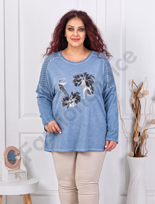 Plus size μπλούζα με απλικέ στρας-μπλε-κωδ 1002-2