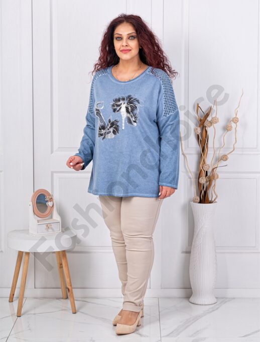 Plus size μπλούζα με απλικέ στρας-μπλε-κωδ 1002-2