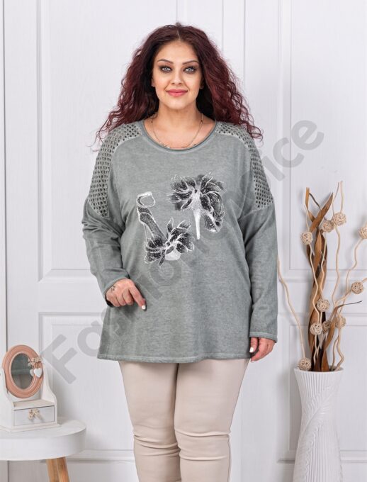 Plus size μπλούζα με απλικέ στρας-χακί-κωδ 1002