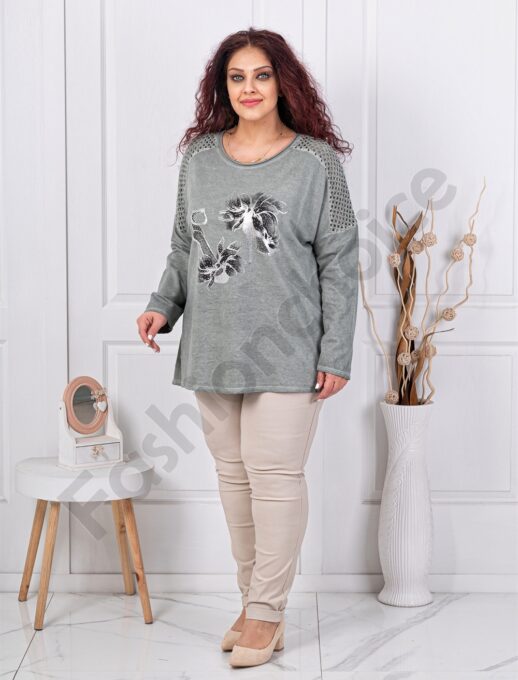 Plus size μπλούζα με απλικέ στρας-χακί-κωδ 1002