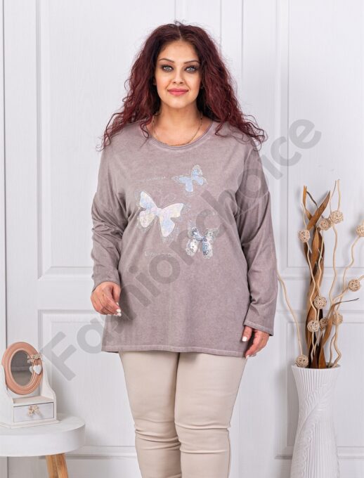 Plus size μπλούζα με απλικέ πεταλούδες-μόκα-κωδ 8260