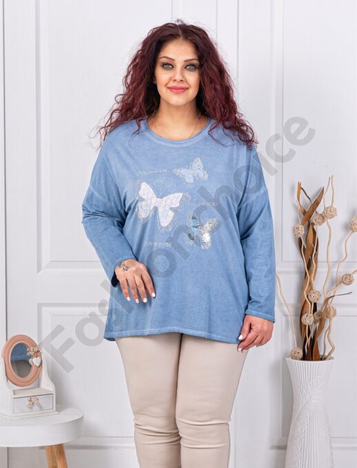 Plus size μπλούζα με απλικέ πεταλούδες-μπλε-κωδ 8260-1