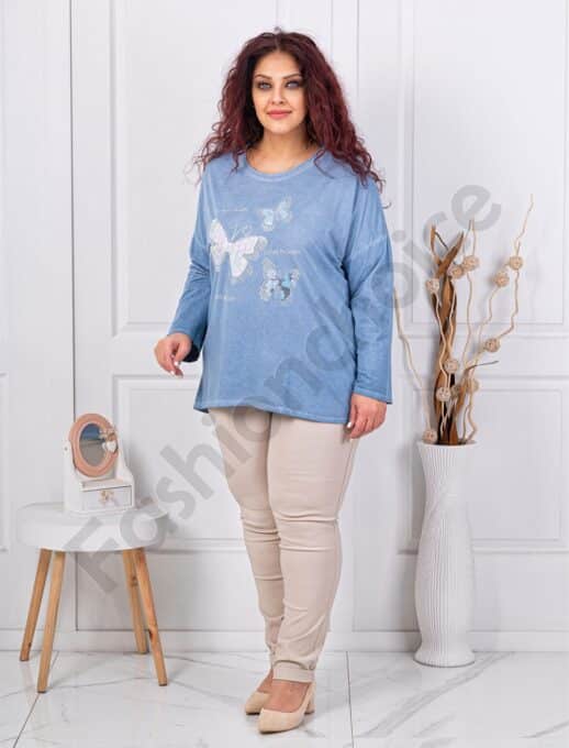 Plus size μπλούζα με απλικέ πεταλούδες-μπλε-κωδ 8260-1