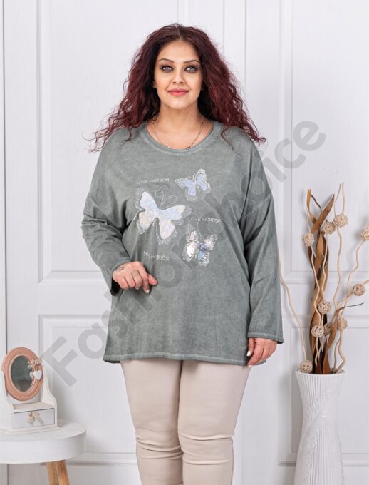 Plus size μπλούζα με απλικέ πεταλούδες-χακί-κωδ 8260-2