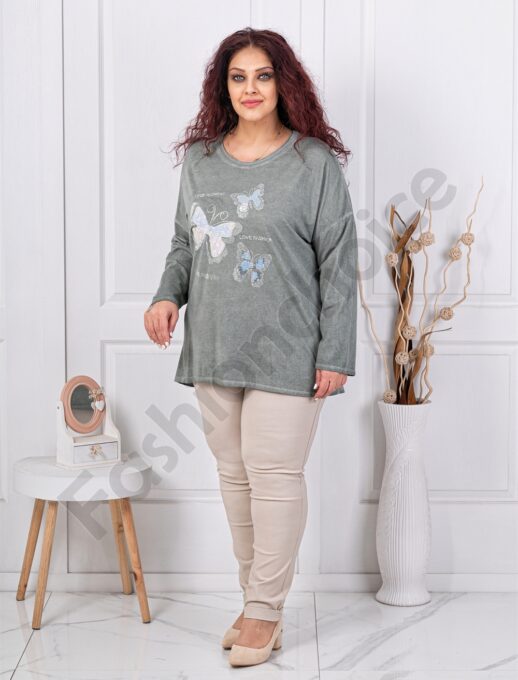 Plus size μπλούζα με απλικέ πεταλούδες-χακί-κωδ 8260-2