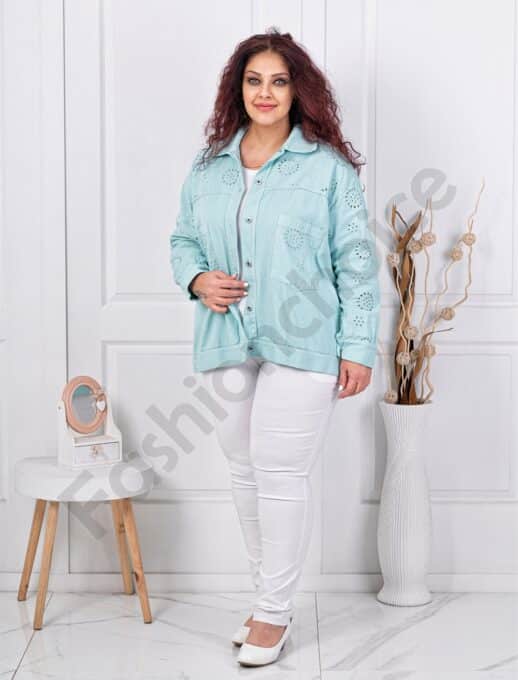Plus size τζιν ζακέτα με κέντημα-μέντα-κωδ 5108-1