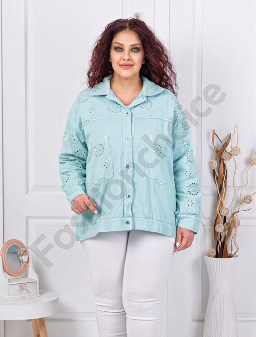 Plus size τζιν ζακέτα με κέντημα-μέντα-κωδ 5108-1