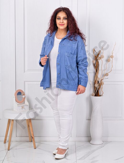 Plus size τζιν ζακέτα με κέντημα-μπλε-κωδ 5108-2