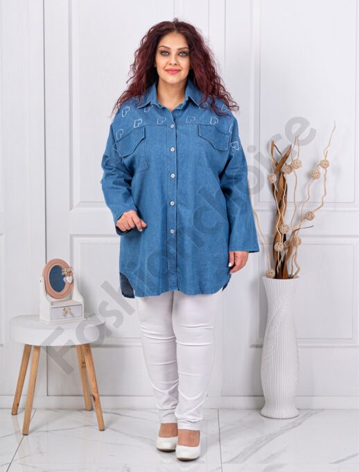 Plus size τζιν πουκάμισο με καρδιές-σκούρο μπλε-κωδ 99966