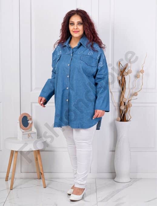 Plus size τζιν πουκάμισο με καρδιές-σκούρο μπλε-κωδ 99966
