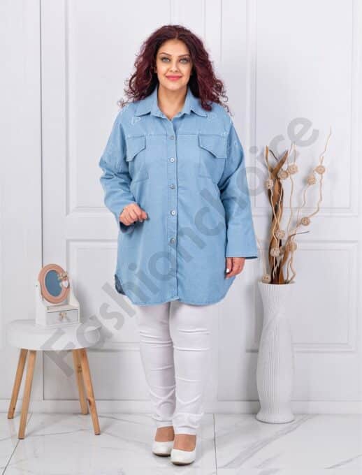 Plus size τζιν πουκάμισο με καρδιές-ανοιχτό μπλε-κωδ 99966-1