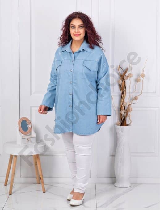 Plus size τζιν πουκάμισο με καρδιές-ανοιχτό μπλε-κωδ 99966-1