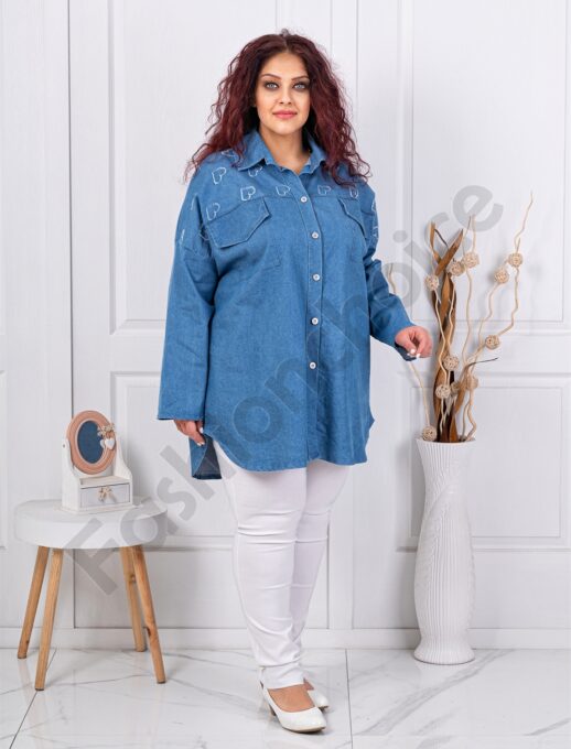 Plus size τζιν πουκάμισο με καρδιές-σκούρο μπλε-κωδ 99966