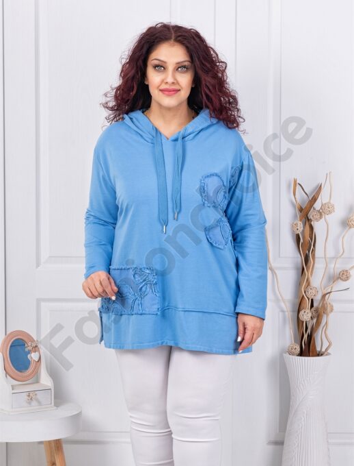 Plus size γυναικείο φούτερ με κουκούλα-μπλε-κωδ 11577-3