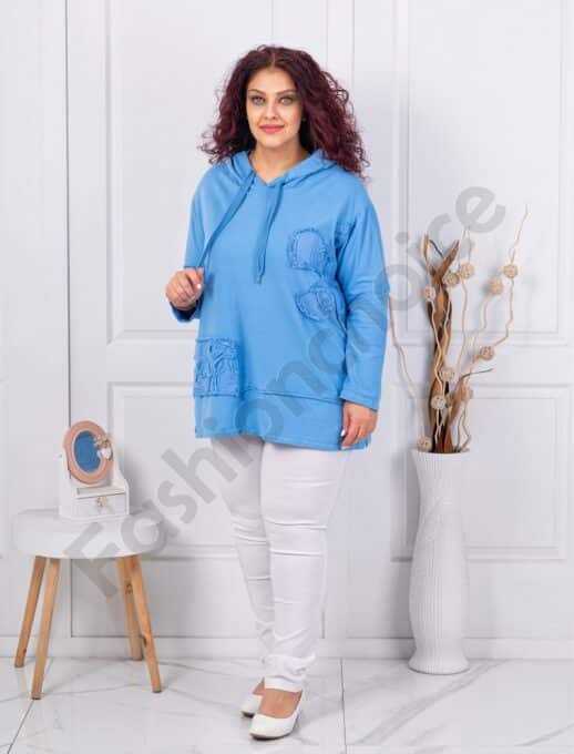 Plus size γυναικείο φούτερ με κουκούλα-μπλε-κωδ 11577-3