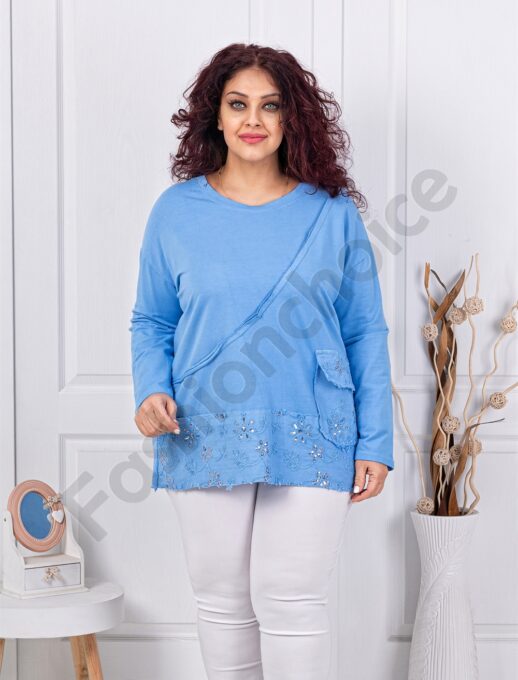 Plus size μπλούζα με κέντημα στο τελείωμα-μπλε-κωδ 11510-2