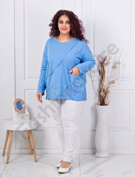 Plus size μπλούζα με κέντημα στο τελείωμα-μπλε-κωδ 11510-2
