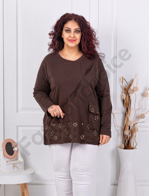 Plus size μπλούζα με κέντημα στο τελείωμα-καφέ-κωδ 11510-4
