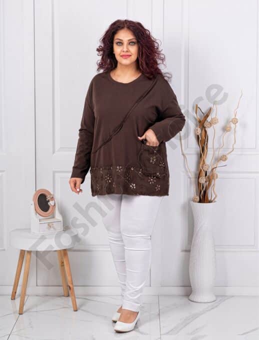 Plus size μπλούζα με κέντημα στο τελείωμα-καφέ-κωδ 11510-4