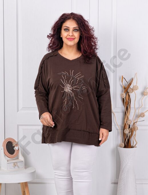 Plus size μπλούζα με απλικέ και χάντρες-καφέ-κωδ 11409-3