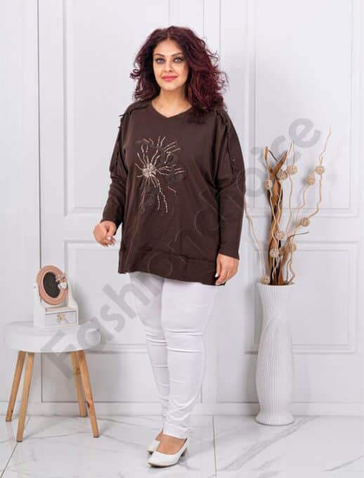 Plus size μπλούζα με απλικέ και χάντρες-καφέ-κωδ 11409-3