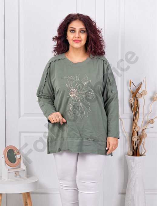 Plus size μπλούζα με απλικέ και χάντρες-χακί-κωδ 11409-4