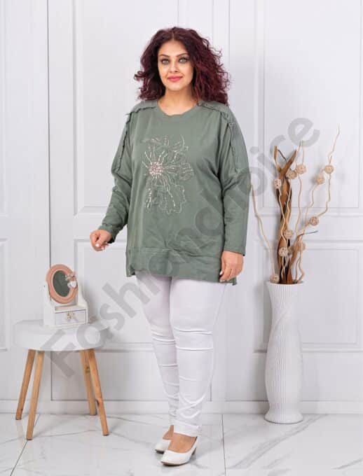 Plus size μπλούζα με απλικέ και χάντρες-χακί-κωδ 11409-4