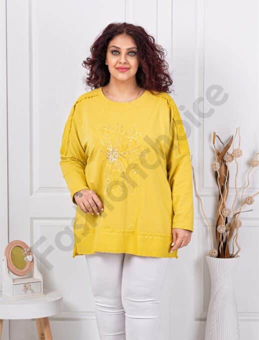Plus size μπλούζα με απλικέ και χάντρες-κίτρινο-κωδ 11409-2