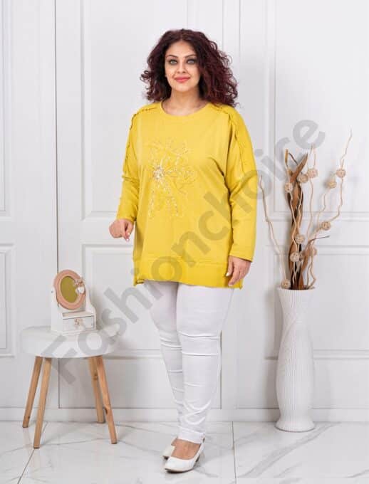 Plus size μπλούζα με απλικέ και χάντρες-κίτρινο-κωδ 11409-2
