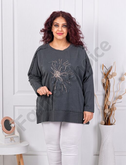 Plus size μπλούζα με απλικέ και χάντρες-γραφίτη-κωδ 11409-1