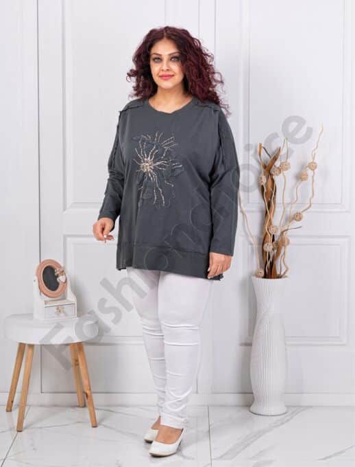 Plus size μπλούζα με απλικέ και χάντρες-γραφίτη-κωδ 11409-1